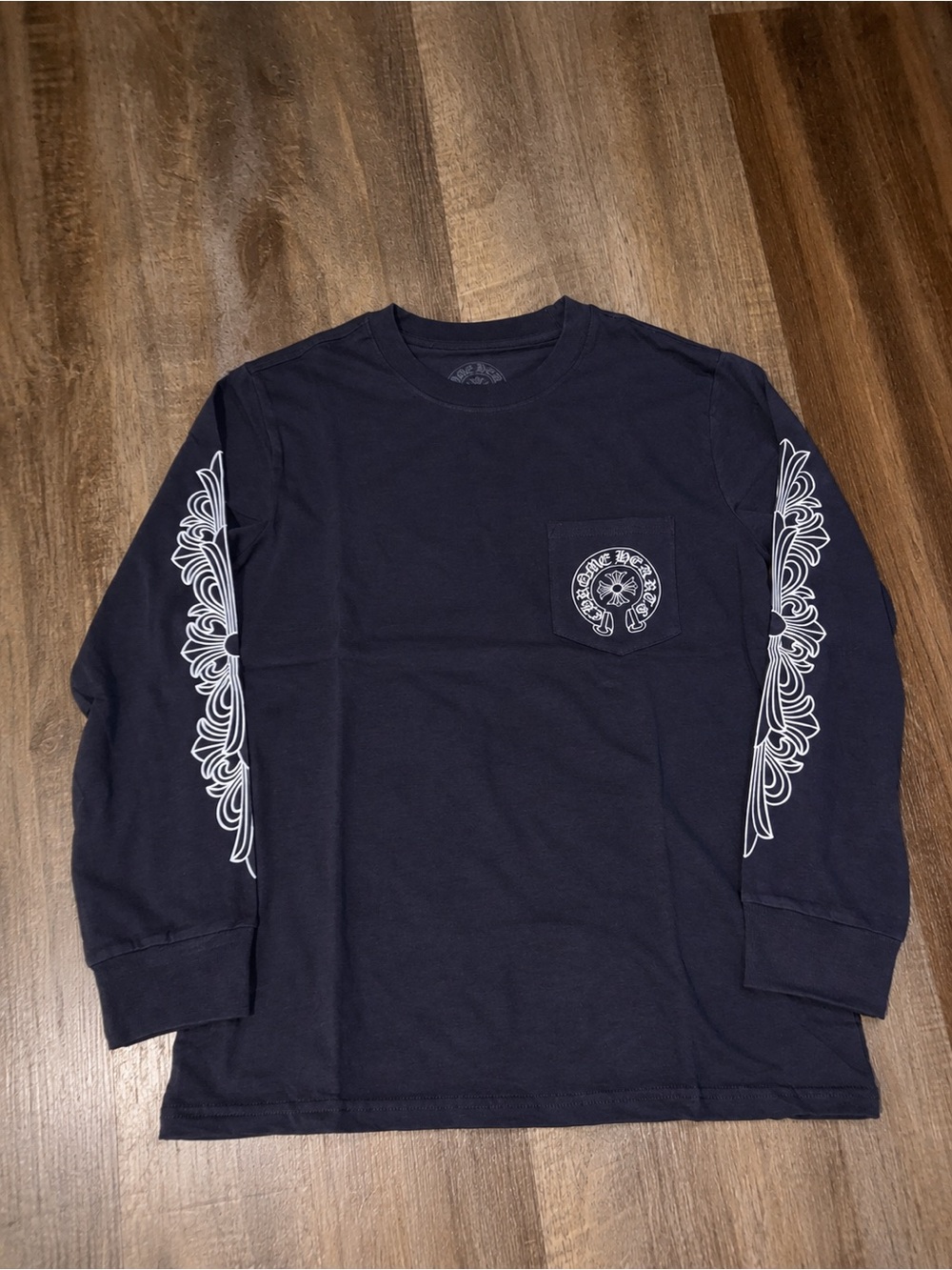 Chrome Hearts Navy Long Sleeve Pocket Tee with White Sleeve Motifs